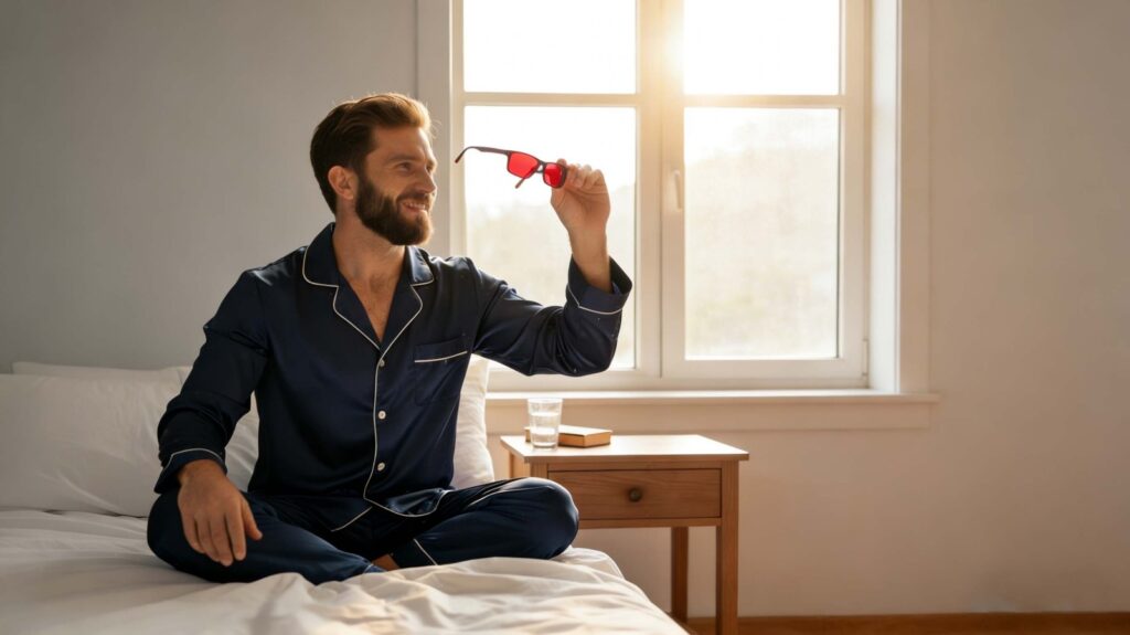 a man sitting on a bed holding a pair of Night Ease™ - Sleep Glasses